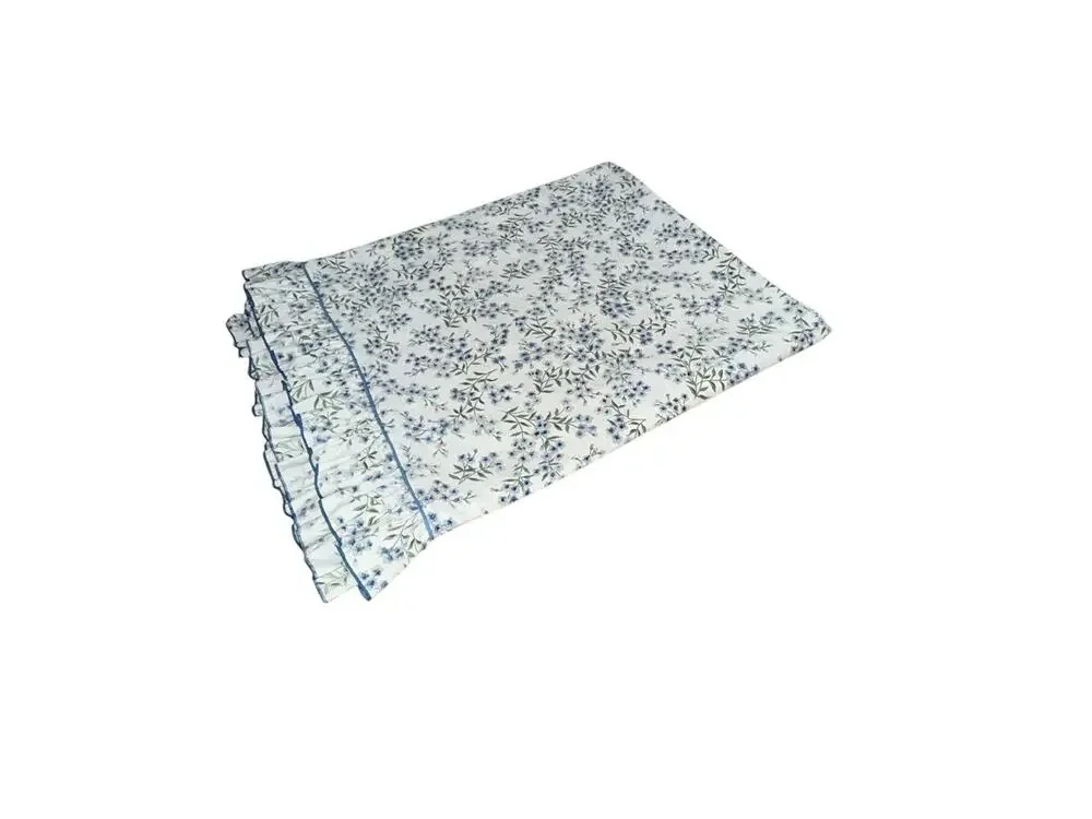 Cannon Vintage Floral Ruffled Flat Sheet Queen Size White Blue Green No Iron